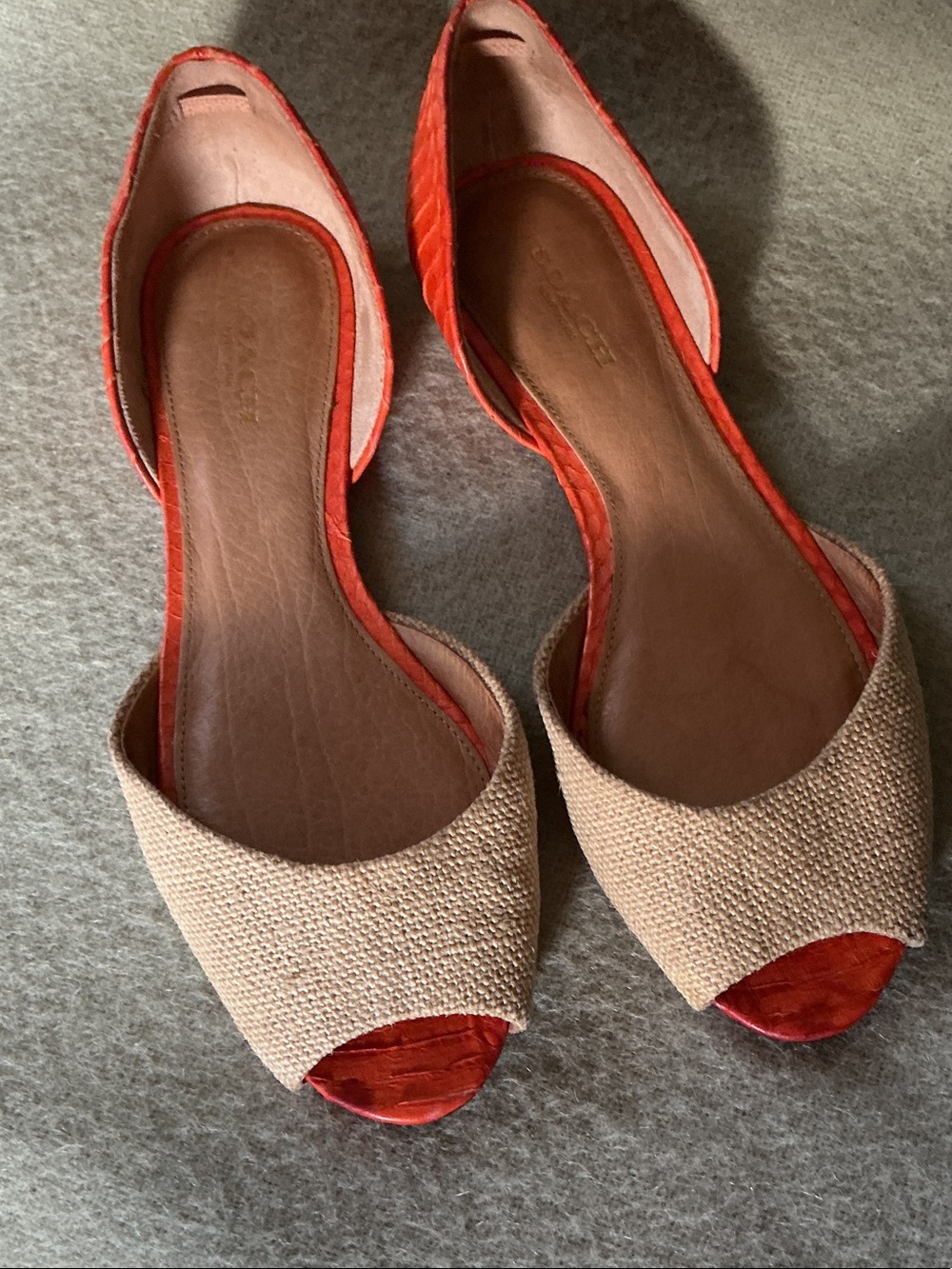Coach Beige Woven and Red Trim D'Orsay Flats